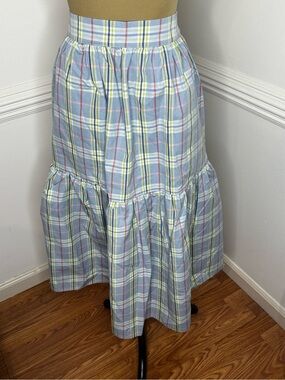 Buru Light Blue Plaid Tiered Maxi Skirt